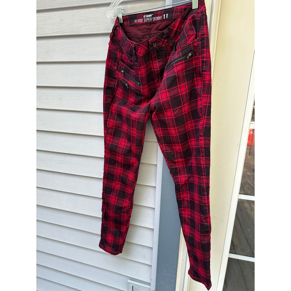 HT Denim‎ Red Black Plaid Hi-Rise Super Skinny Jeans Punk Goth Zipper Details 11